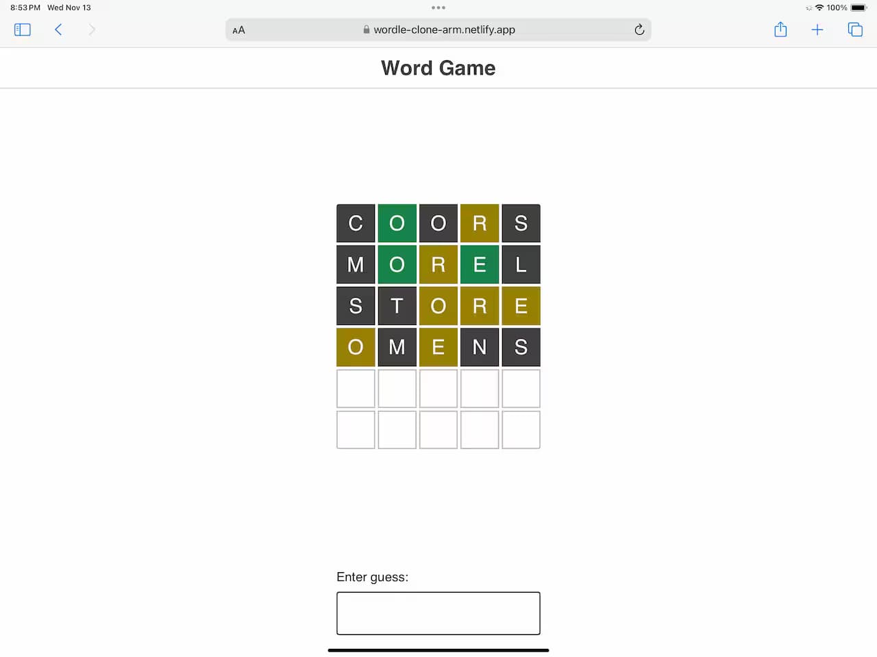 Tablet Screenshot of Wordle Game Clone